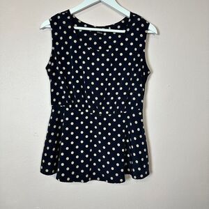 FOREVER 21 Navy Cream Polka Dot‎ Peplum Blouse, Size Large